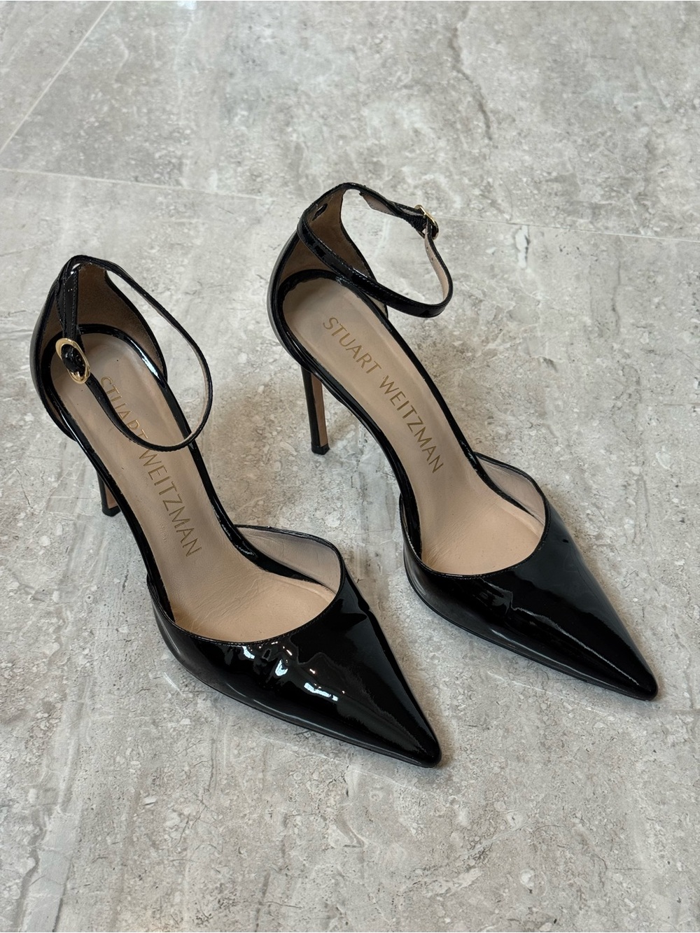 Stuart Weitzman Black Patent Leather Pointed Toe Ankle Strap Pumps